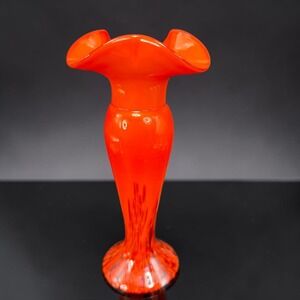 Vintage Czech Art Glass Ruffled Vase Orange Bohemian Mid Century Modern 8in